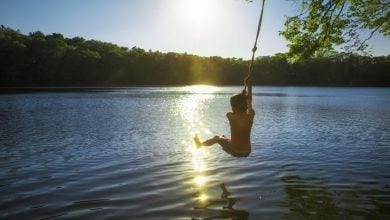 Boy on a rope swing over a lake